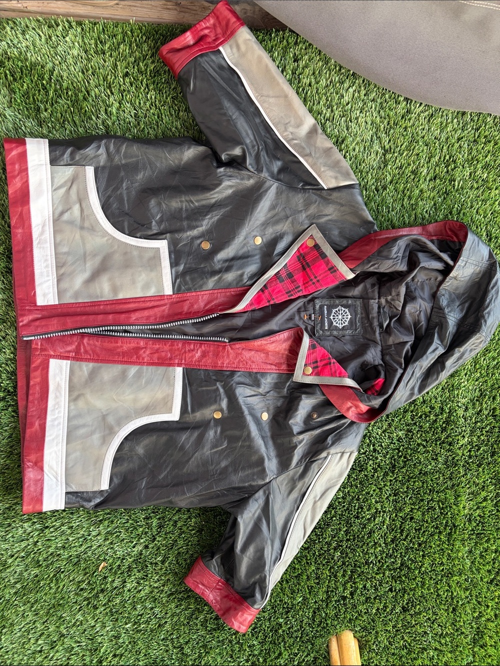 Fanzilla Black Hooded Leather Jacket with Red Plaid Trim